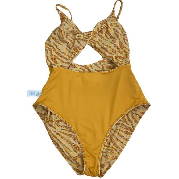 aerie Sz M Twist Front Cut Out One Piece Full Coverage Swimsuit Orange Yellow - Picture 10 of 16